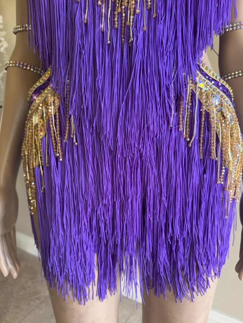 Purple Fringe & Gold Rhinestones Sequin Latin Dance Dress - Picture 6 of 10